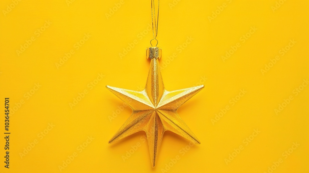 Golden Christmas star ornament bauble isolated on yellow background - a festive and glittering symbol. This beautiful golden star bauble stands out against the bright yellow backdrop, bringing holiday Golden Christmas star ornament bauble isolated on yellow background - a festive and glittering symbol. This beautiful golden star bauble stands out against the bright yellow backdrop, bringing holiday