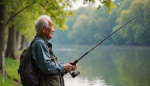 Elderly Asian man fishing by calm lake in nature