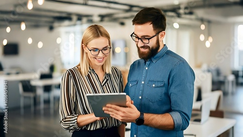 Two professionals with a tablet discussing work in a modern office space.