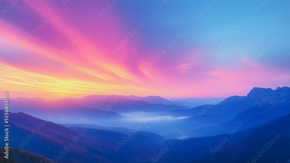 A beautiful mountain range with a bright orange and pink sky A beautiful mountain range with a bright orange and pink sky