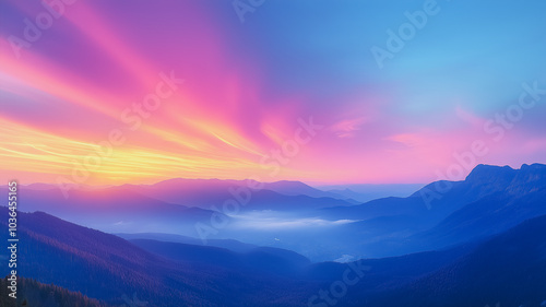 A beautiful mountain range with a bright orange and pink sky