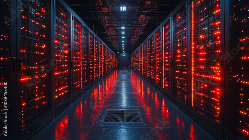 A large, empty room with red lights illuminating the floor. The lights are on and the room appears to be empty