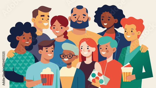 Neighbors from all walks of life come together united by their love for movies and their community.. Vector illustration