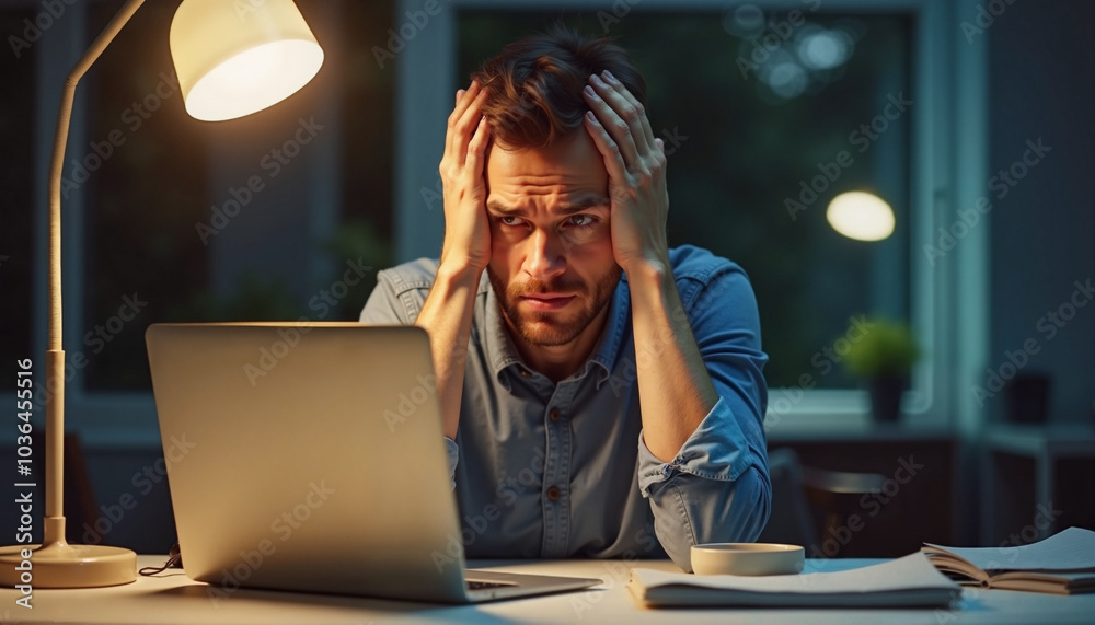Frustrated Man Working Late at Desk with Laptop Frustrated Man Working Late at Desk with Laptop
