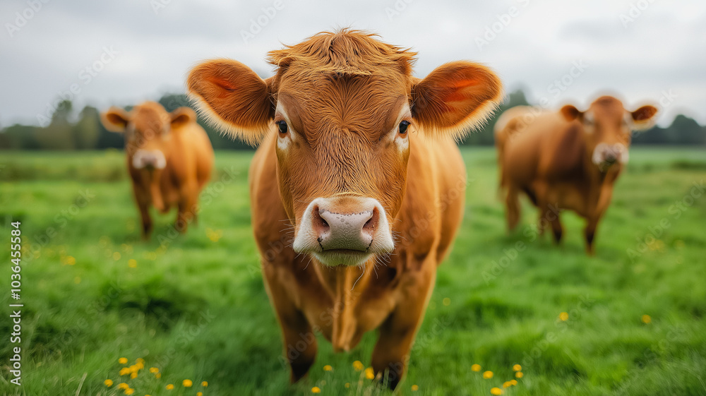 Three cows are standing in a field of grass. One cow is looking at the camera. The cows are brown and white Three cows are standing in a field of grass. One cow is looking at the camera. The cows are brown and white