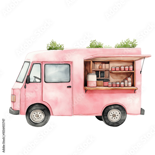 Vintage Food Truck Watercolor Illustration isolated transparent background