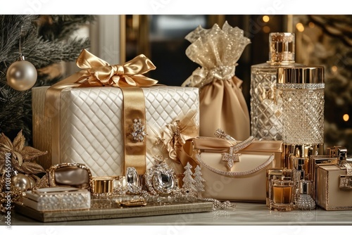 Luxury Christmas gifts for her: an elegant display of high-end jewelry, designer handbags, and perfume, beautifully wrapped in luxurious boxes with gold ribbons, in a sophisticated setting