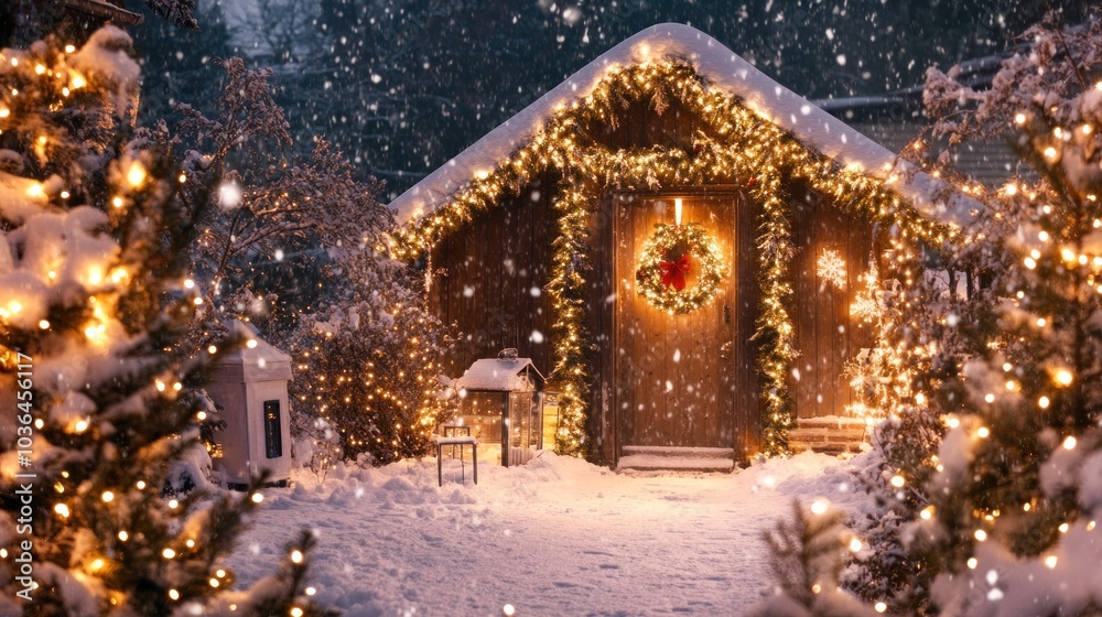 Outdoor Christmas decorations with snow, twinkling lights wrapped around trees and bushes, garlands draped in snow, with a festive wreath on the door, creating a cozy holiday vibe Outdoor Christmas decorations with snow, twinkling lights wrapped around trees and bushes, garlands draped in snow, with a festive wreath on the door, creating a cozy holiday vibe