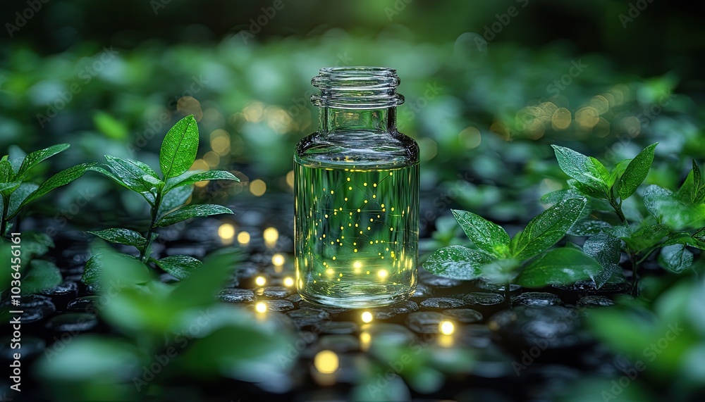 Glass bottle on stones surrounded by greenery. This image is ideal for product promotions or illustrating natural and organic concepts. Glass bottle on stones surrounded by greenery. This image is ideal for product promotions or illustrating natural and organic concepts.