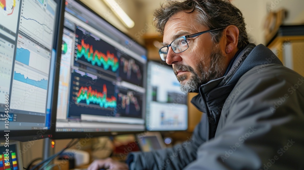 A climate scientist analyzing data on global temperature changes displayed on a large monitor, with graphs and charts illustrating climate trends in a research lab.