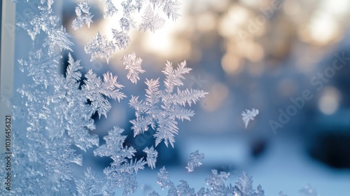 photograph of Close-up shot of ice droplets on a house window. Gives a cool and peaceful feeling. photo