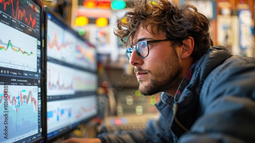 A climate scientist analyzing data on global temperature changes displayed on a large monitor, with graphs and charts illustrating climate trends in a research lab.