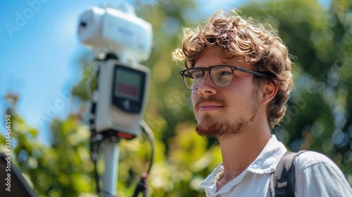 A climate scientist monitoring data from a weather station, collecting real-time information on wind speed, temperature, and atmospheric pressure. photo