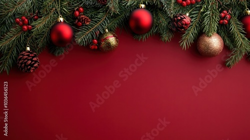 photograph of Red blank background above decorated for Christmas and Happy New Year. Copy space