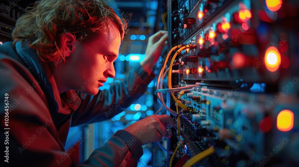 A close-up of a data engineer working with a server rack, setting up cloud infrastructure to handle big data processing and advanced analytics. A close-up of a data engineer working with a server rack, setting up cloud infrastructure to handle big data processing and advanced analytics.
