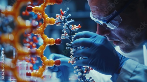A close-up of a CRISPR Cas9 enzyme model being used in a genetic engineering experiment, with a researcher explaining the process of precise DNA cutting and editing. photo