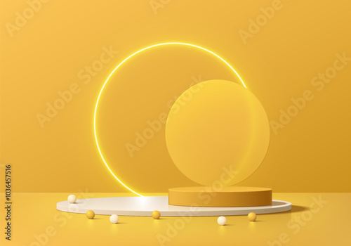 3D yellow, white round podium background with glowing neon ring backdrop. Abstract composition minimalist design. Studio display showroom cosmetic product pedestal, Fashion stage showcase mockup scene