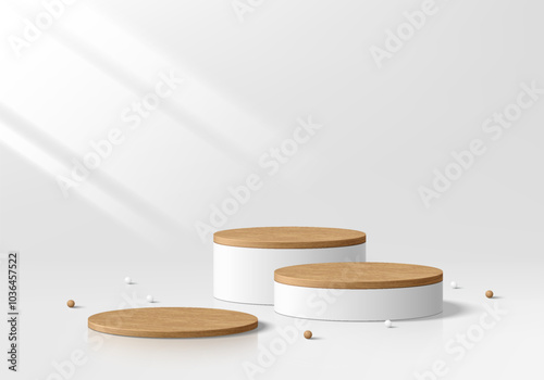 3D round white podium background with wooden topper. Abstract geometric composition in minimalist design. 3d Studio display showroom stands product pedestal, Fashion stage showcase mockup wall scene.