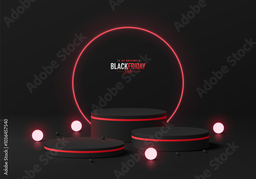 3D round black podium background with red neon ring. Black Friday sale. Abstract composition in minimalist design. Studio display showroom stands product pedestal, Fashion stage showcase mockup scene.