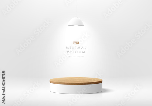 3D round white podium with wood top and ceiling neon lighting background. Abstract composition minimalist design. Studio display showroom stands product pedestal, Fashion stage showcase mockup scene.