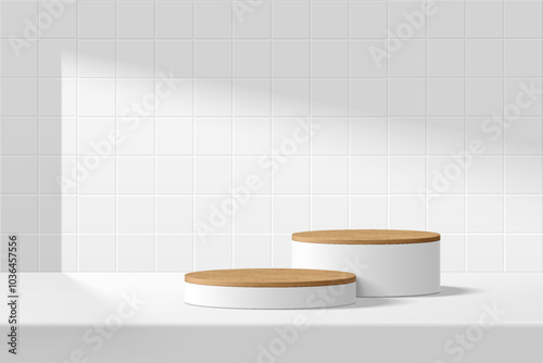 3D round white podium with wood top and square tile background. Abstract geometric composition minimalist design. Studio display showroom stands product pedestal, Fashion stage showcase mockup scene.