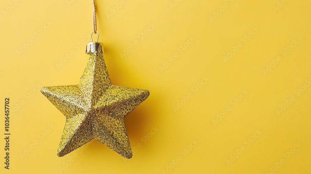 Golden Christmas star ornament bauble isolated on yellow background - a festive and glittering symbol. This beautiful golden star bauble stands out against the bright yellow backdrop Golden Christmas star ornament bauble isolated on yellow background - a festive and glittering symbol. This beautiful golden star bauble stands out against the bright yellow backdrop
