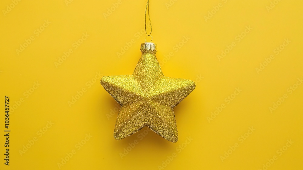 Golden Christmas star ornament bauble isolated on yellow background - a festive and glittering symbol. This beautiful golden star bauble stands out against the bright yellow backdrop Golden Christmas star ornament bauble isolated on yellow background - a festive and glittering symbol. This beautiful golden star bauble stands out against the bright yellow backdrop