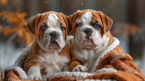 Two English bulldog puppies snuggle together under an orange blanket during autumn with blurred background

