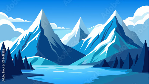 Towering mountains adorned with sparkling blankets of snow watch over the tranquil glacial fjord below their imposing presence only adding to its grandeur.
