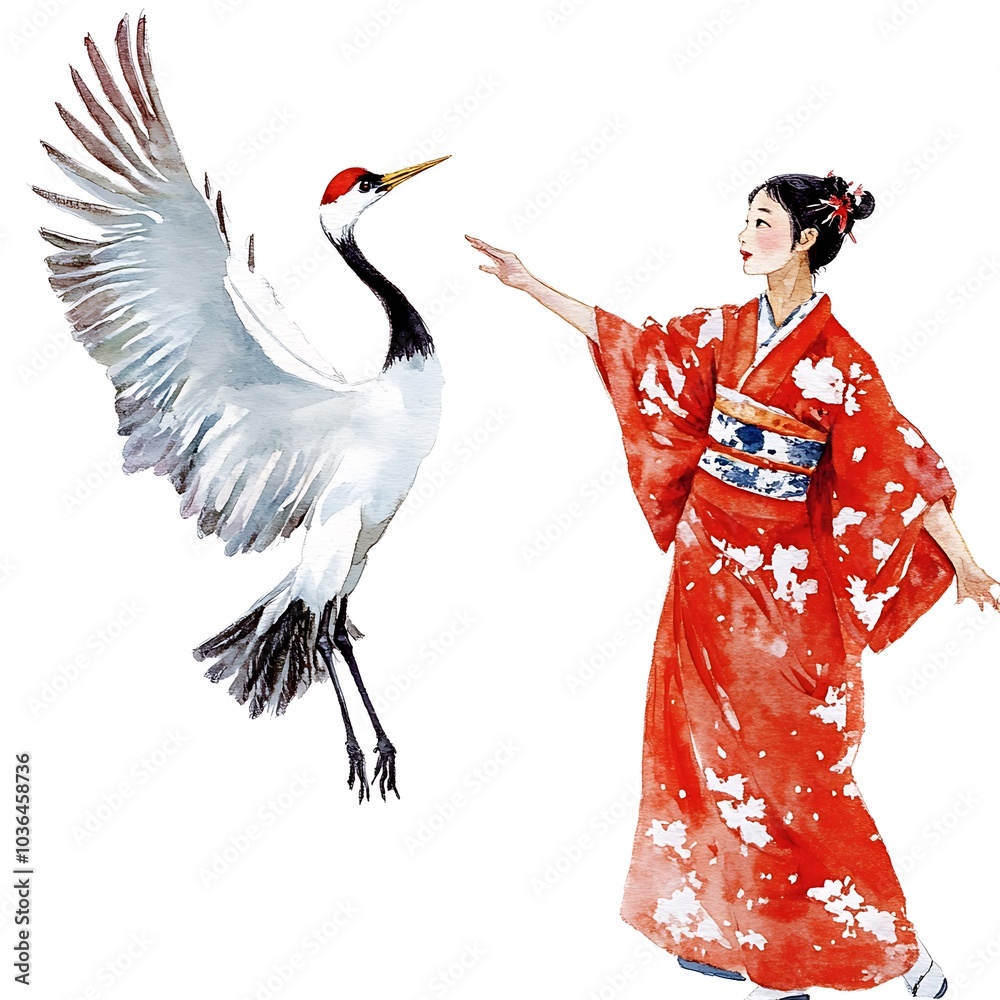 Obraz premium Watercolor illustration of a woman in a red kimono reaching out to a crane in flight.