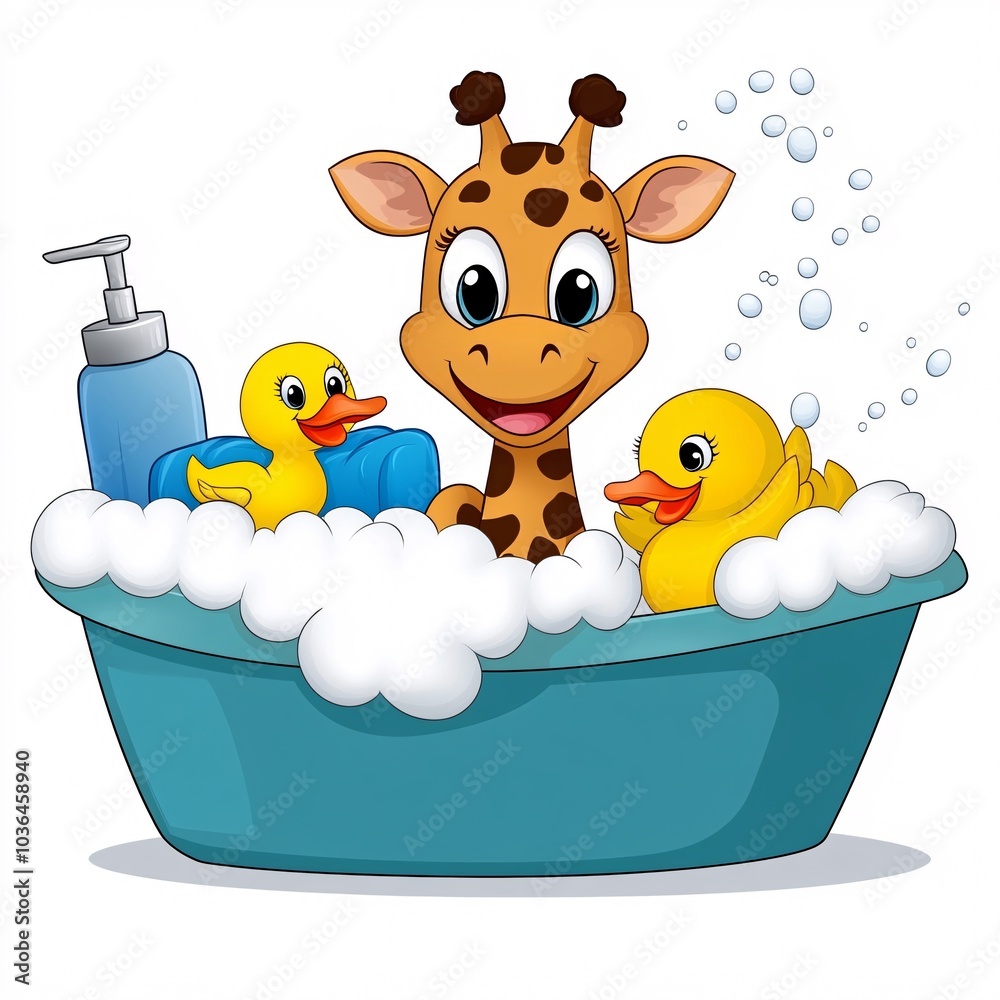 Cute Cartoon Giraffe Enjoying Bubble Bath Time Cute Cartoon Giraffe Enjoying Bubble Bath Time