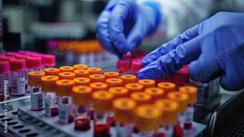 Close-up of a researcher's hands handling a test sample in a clinical laboratory, preparing it for analysis as part of a new drug trial. photo