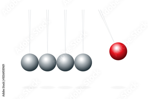 Newton's cradle with red sphere. Device that demonstrates the principles of conservation of momentum and of energy in physics. The red ball creates a pressure wave that pushes the last ball upwards.