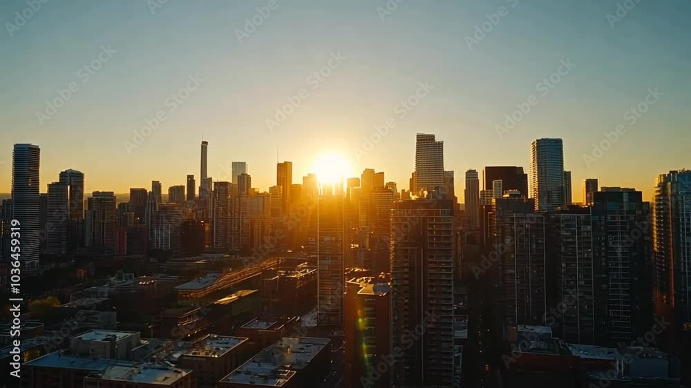 City skyline illuminated by warm sunset light with tall skyscrapers. Urban development concept City skyline illuminated by warm sunset light with tall skyscrapers. Urban development concept