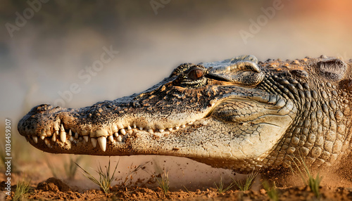 A close-up of a crocodile’s snout breaking through turf, dirt clinging to its rough skin.