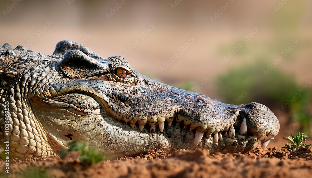 A close-up of a crocodile’s snout breaking through turf, dirt clinging to its rough skin.