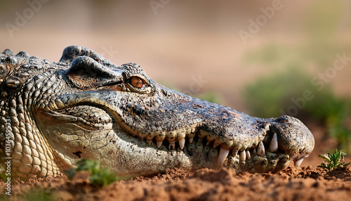 Obraz na płótnie A close-up of a crocodile’s snout breaking through turf, dirt clinging to its rough skin. w salonie