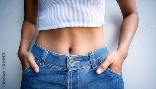 Abdomen of pretty young with blue jeans
