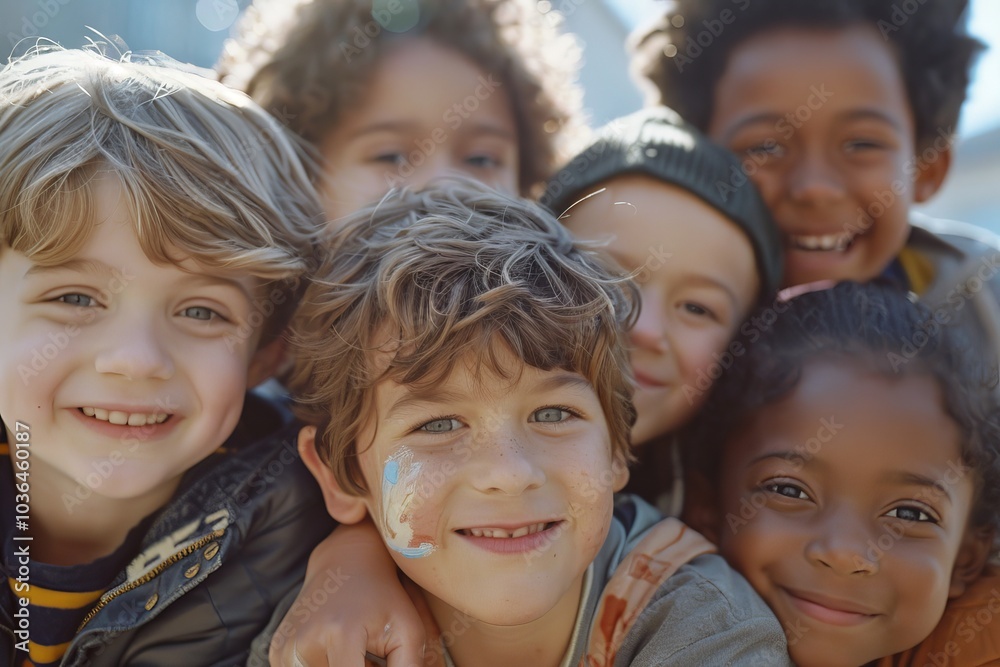 Group of kids with face cream smiling at camera on a sunny day Group of kids with face cream smiling at camera on a sunny day