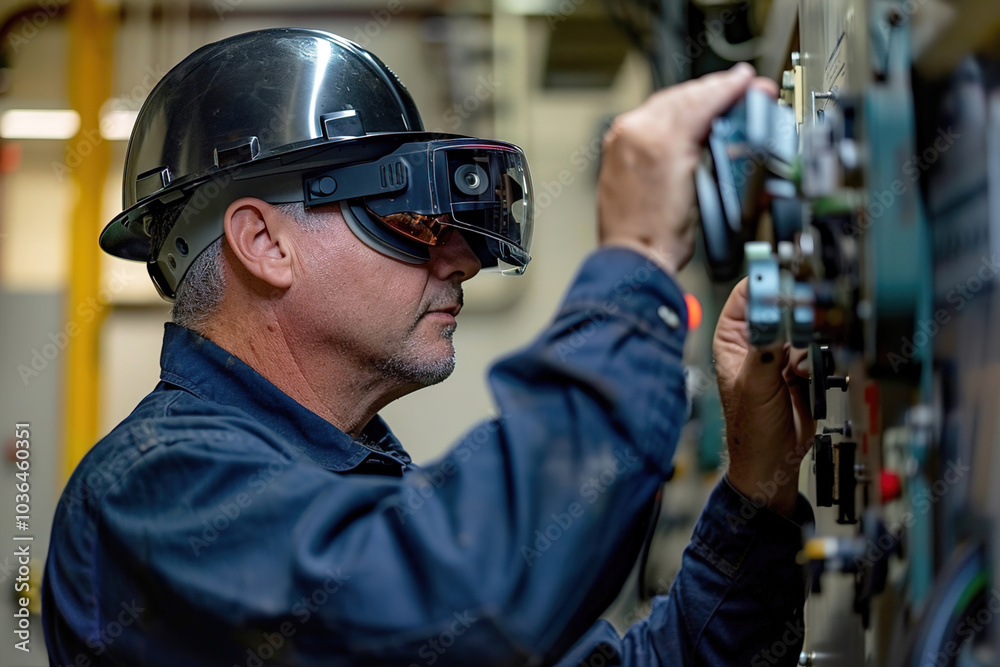 Augmented Reality for Maintenance: Technician using AR glasses to receive guidance and information for equipment repair and maintenance Augmented Reality for Maintenance: Technician using AR glasses to receive guidance and information for equipment repair and maintenance