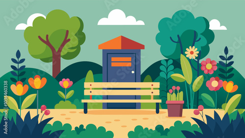The entrance to a community garden boasts a book exchange box surrounded by blooming flowers and a bench encouraging readers to sit and enjoy a good book.. Vector illustration