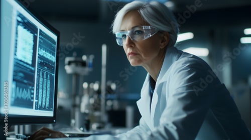 Senior Female Scientist Analyzing Data on Computer Monitor in Lab