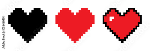 Pixel Heart Icon Set - 8-bit Black and Red Hearts for Retro Game Designs. Retro Pixel heart icon set in three different style vector illustration on white background