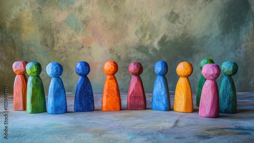 A group of colorful wooden figures standing in a circle on a table, symbolizing community and unity. The colors include blue, orange, red, green, yellow, pink, and purple. 