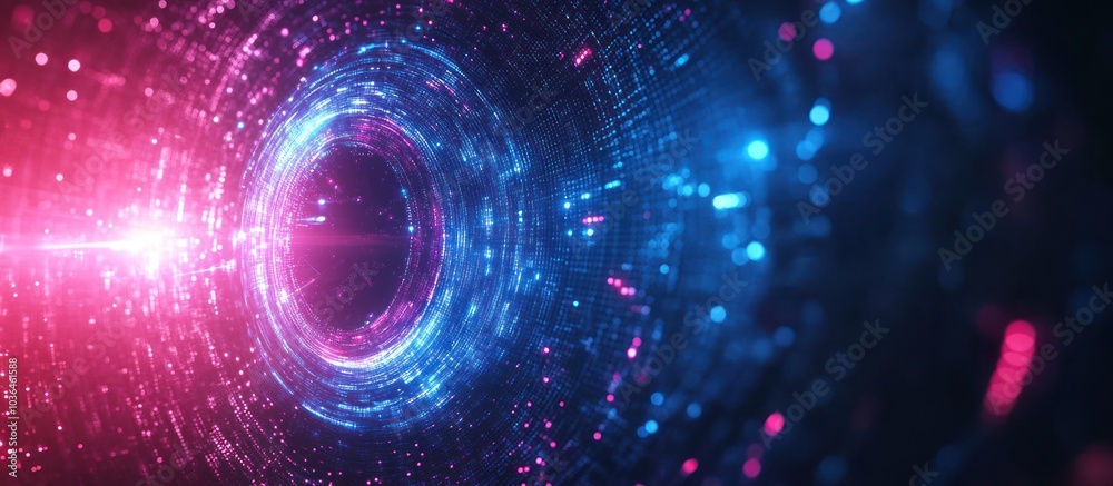 Abstract background with glowing tunnel of light and particles in pink and blue colors. Abstract background with glowing tunnel of light and particles in pink and blue colors.