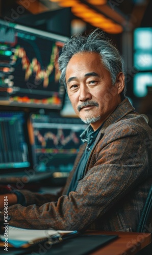 A man sits in front of a computer screen, looking intently at the data. AI.