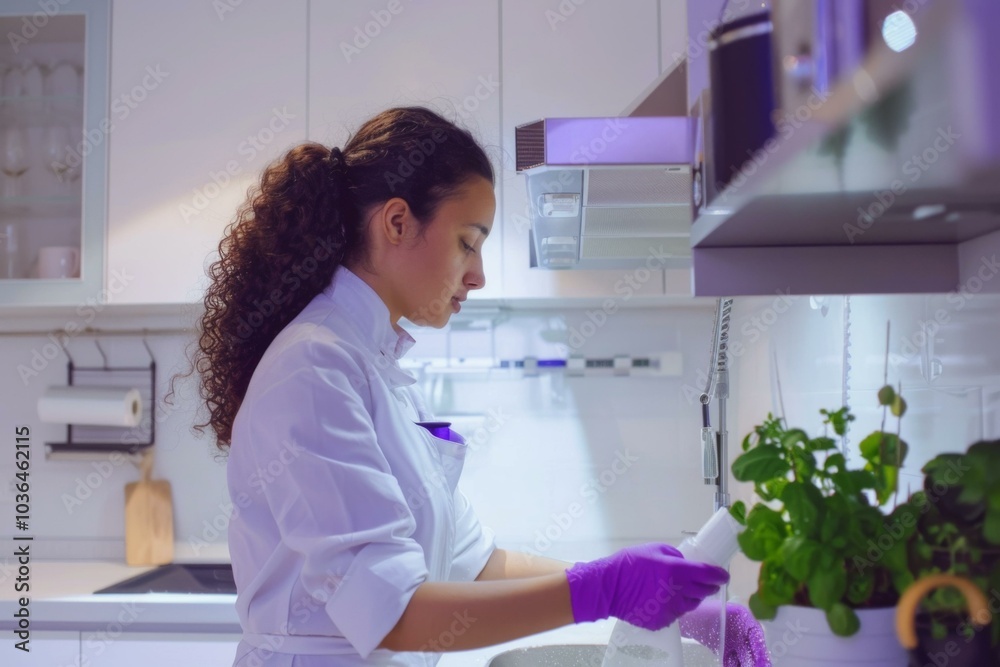 A woman in white gloves washing a plant and countertop. AI. A woman in white gloves washing a plant and countertop. AI.