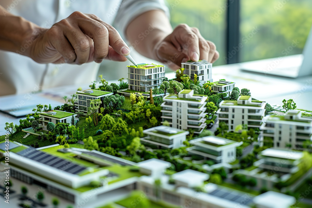 Architect presenting a 3D model of a sustainable city, green roofs and solar panels highlighted Architect presenting a 3D model of a sustainable city, green roofs and solar panels highlighted