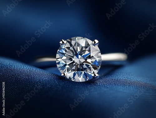 close up of a single diamond wedding ring, simple and elegant design, placed on a navy blue cloth. 