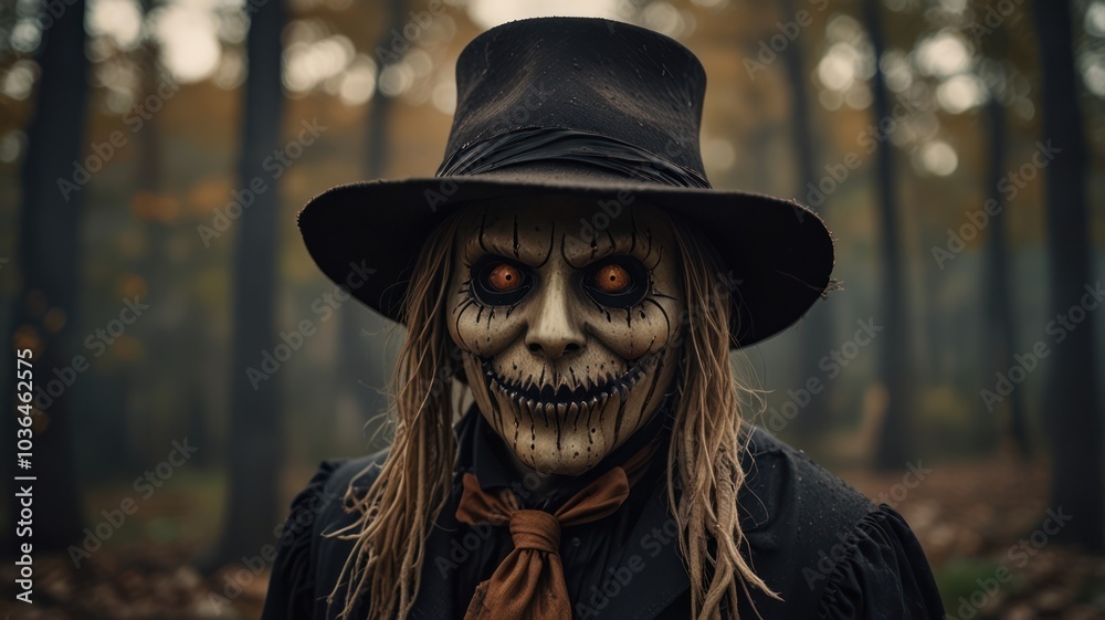 A creepy figure with a top hat and a sinister smile stands in the middle of a forest. A creepy figure with a top hat and a sinister smile stands in the middle of a forest.